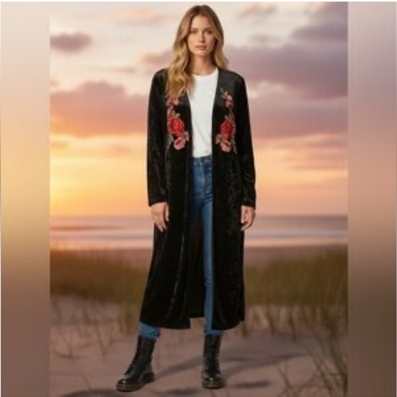 Flawless Sweaters - Flawless Black Velvet Rose Embroidery Duster Open Cardigan Bell Sleeve Witchy